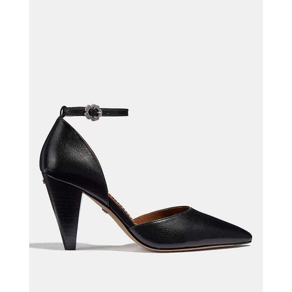 Coach Women's 10 Black Wynne Ankle Strap D'orsay Pump Heels Cone Heel Point Toe - Picture 1 of 12
